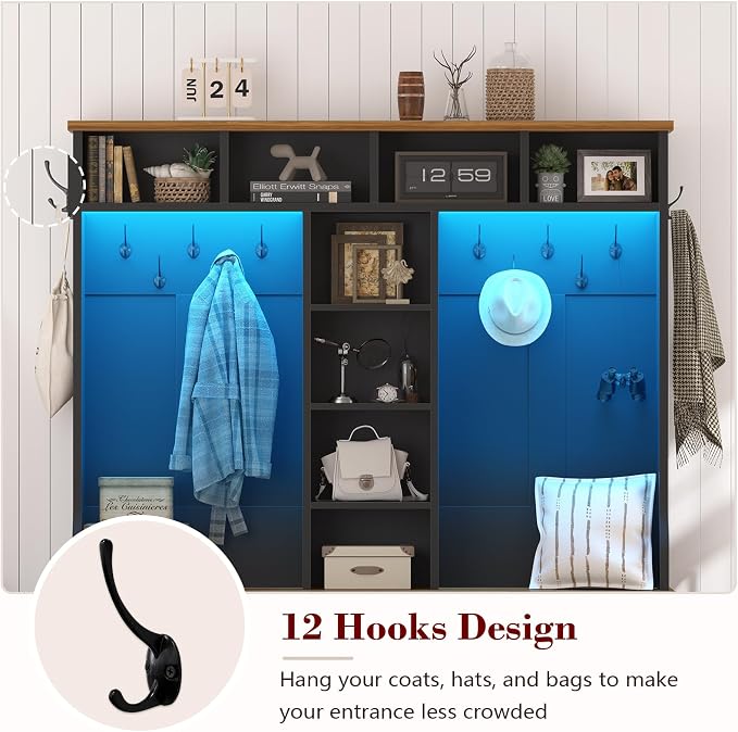 CSZZD Hall Tree with Bench and Shoe Storage, Farmhouse Entryway Bench with Coat Racks and Led Lights, Black Large Hall Tree with 12 Coat Hooks, 8 Storage Cubbies, Adjustable Shelf