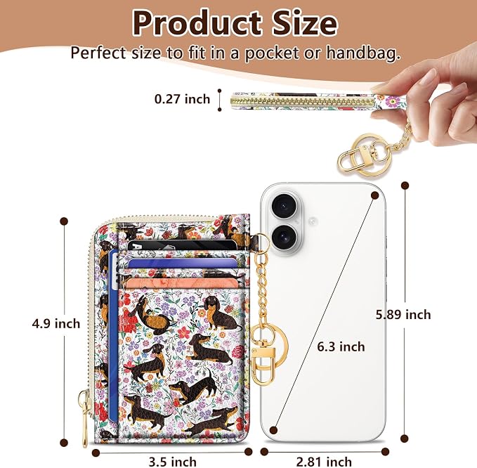 GIANCOMICS Slim Wallet Credit Card Holder Women, Dachshund Rfid Blocking Small Card Case, Keychain Thin Pocket Curved Zipper Wallet, Travel Card Holder PU Leather ID Window, Ladies Female Gifts