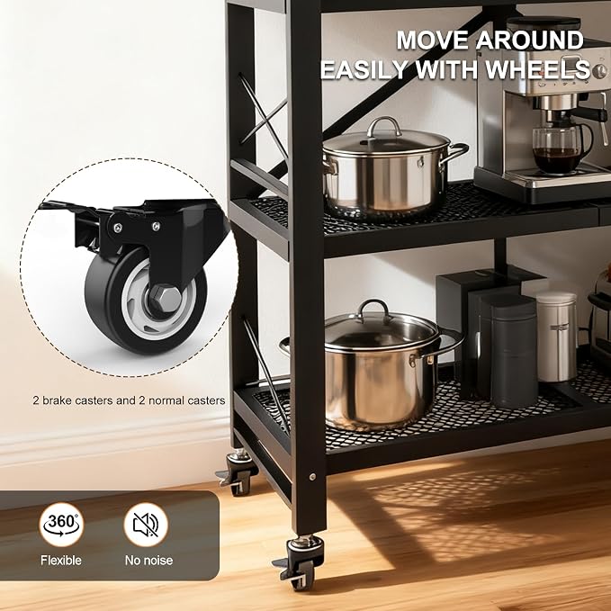 Folding Shelves with Wheels No Assembly, 3-Tier Foldable Metal Shelf Storage Rack for Kitchen, Garage, Vendor Display Events, 39" Lx13 Wx35 H