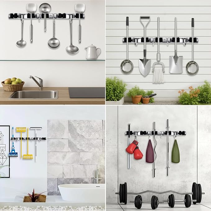 Self Adhesive SUS304 Broom Holder Wall Mount | 5 Racks and 4 Hooks Mop Organizer Heavy Duty Solid Non-slip Storage Tool for Home Kitchen Garden Laundry Garage