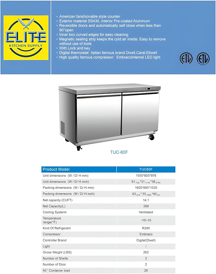 Commercial Under Counter Freezer, ETL 2 Doors 2 Shelves 115V/60HZ Restaurant 0°F to -8°F, Stainless Steel 60" W 14.1 Cu. Ft.