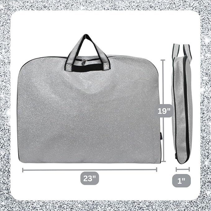 NGIL Glitter Travel Hanging Garment Bag (Glitter-Silver) | Garment Bag for Girls, Cheer Travel Bag, Dance Competition Bag, Cheer Dance Competition, Beauty Pageant