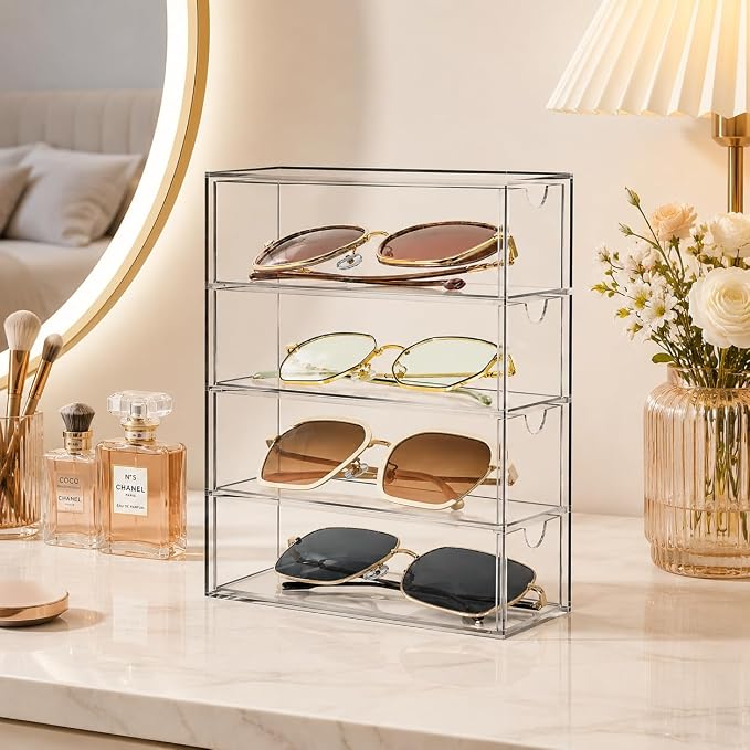 Fordonral Clear Plastic Organizer, Transparent Glasses Holder Storage Drawers, Sunglass Case Glasses Display Stand, Acrylic Organizers for Organizing Eyeglass, Hair Ties, Accessories
