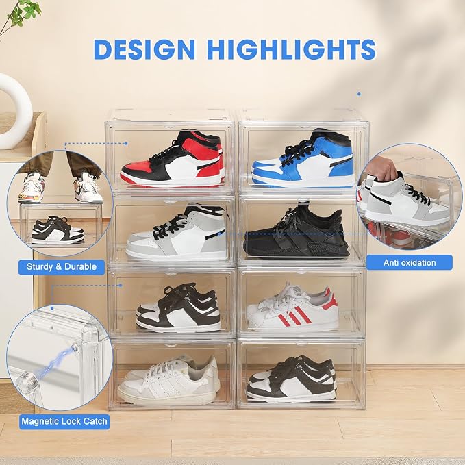HIYOHIYO 2-Pack Stackable Clear Shoe Boxes Organizer, Fit up to US Size 14 | With Magnetic Door, Sturdy Shoe Box Storage, Easy Assembly Transparent Display Case, For Sneaker, Ankle Boots, High Heels