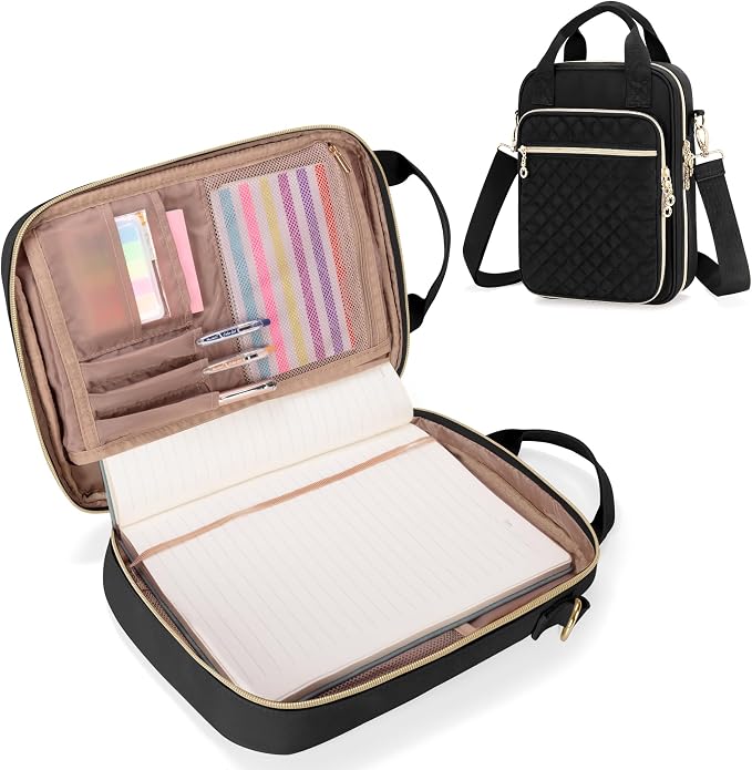 Teamoy Journal Supplies Storage Case, Planner Bag with Pen Slots, Black | Quilted Stationery Bag with Shoulder Strap, Travel Organizer Holder for B5 Notebooks, Planner, Pens, and Journal Accessories