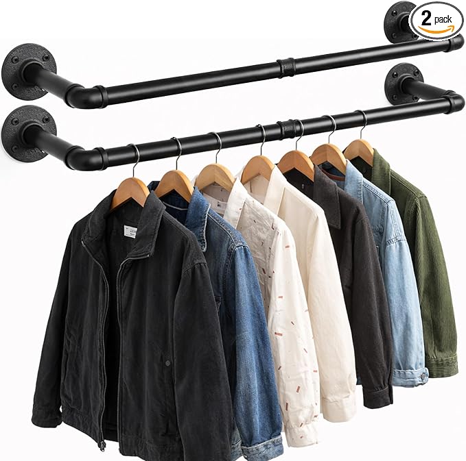 Svyrilk 2 Pack 38.4" Industrial Pipe Clothes Rack | Wall Mounted Heavy Duty Iron Hanging Rod for Closet Storage, Laundry Room, Bedroom, Black