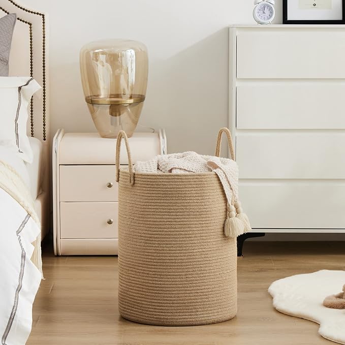 Woven Rope Laundry Hamper Basket by YOUDENOVA, 72L Tall Luandry Basket, Baby Nursery Hamper for Blanket Storage in Bedroom-Large-Jute
