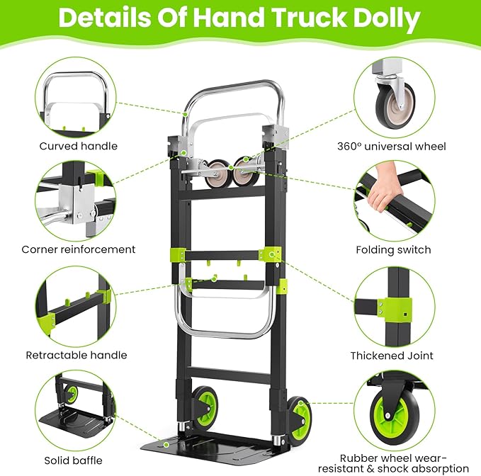 3-in-1 Folding Hand Trucks, 600Lbs Convertible Hand Truck Dolly, Heavy Duty Convertible Dolly with Retractable Handle and 4 Rubber Wheels, Collapsible Cart for Moving Office/Home/Warehous(Green)