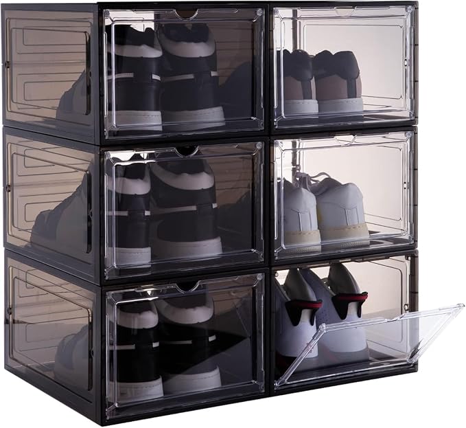 ZLLZUU Shoe Shoe Storage Boxes, 6 Pack Stackable Shoes Organizer Black | Clear Drop Front, Dustproof Magnetic Door, Stackable Containers, for High-Top Sneakers, Durable and Sturdy, Easy to Assemble