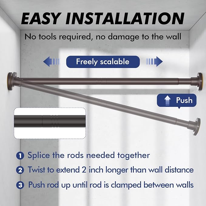 Bronze Shower Curtain Rod Tension 30 to 80 Inch,1 Inch Diameter Adjustable Tension Curtain Rod No Drilling,Shower Rods for Bathroom,No Rust