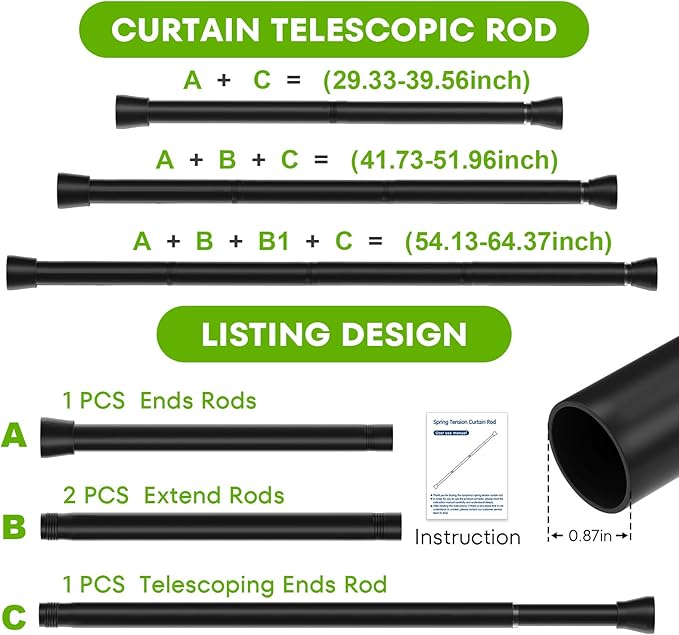 Shower Curtain Rod 30-64 inch 2Pack Shower Adjustable Curtain Rod No Drilling Expandable Spring Pressure Rod Spring Curtain Rods for Bathroom Windows