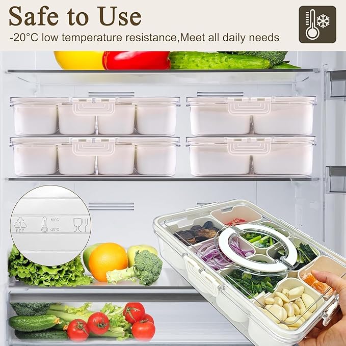 Divided Fridge Storage Box With 8 Serving Tray With Lid And Handle Refrigerator Food Storage Box Plastic 8 Compartment Fridge Container Storage Organiser Fruit Snack Storage (8 Grid)