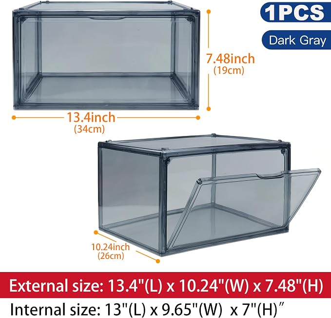 Acrylic Shoe Organizer，Sneaker Acrylic Display Case Size 13 for Men/Women Shoe Box Clear Box Stackable Storage Bins with Magnetic Door，Grey 1 Pack