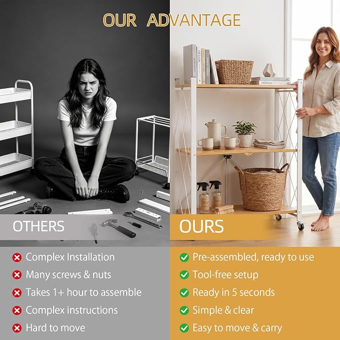 3-Tier Folding Storage Shelves with Wheels – No Assembly, Heavy Duty Collapsible Rolling Shelf Unit for Kitchen, Bedroom, Living Room