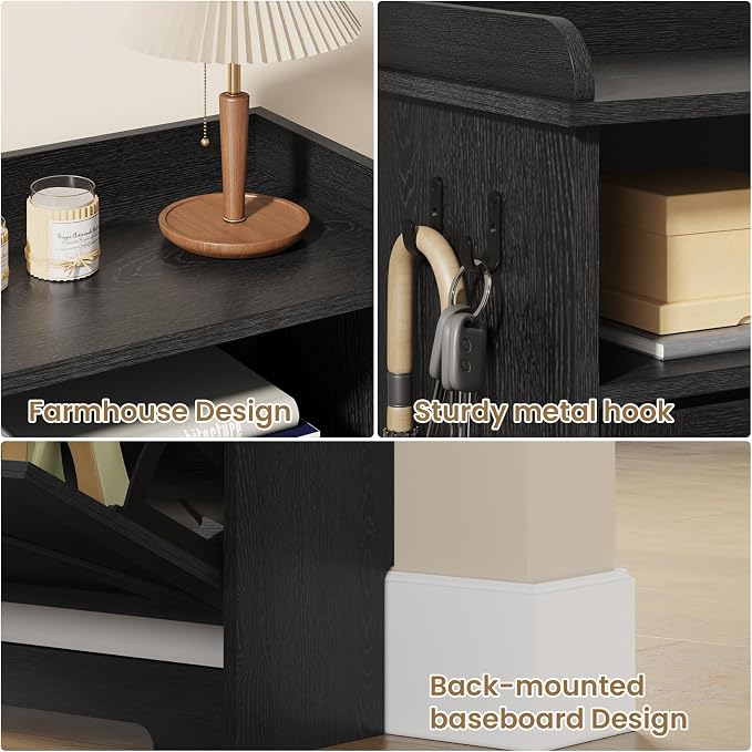 Shoe Cabinet with 2 Flip Drawers, Farmhouse Narrow Shoe Cabinet Organizer with 2 Adjustable Shelves & 2 Hooks, Shoe Rack for Entryway, Foyer, Hallway, Black, 31.5" W x 8.7" D x 41.7" H