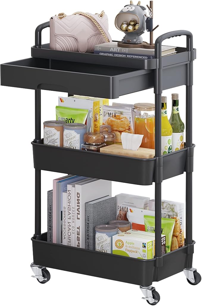 Calmootey 3-Tier Rolling Utility Cart with Drawer,Multifunctional Storage Organizer with Plastic Shelf & Metal Wheels,Storage Cart for Kitchen,Bathroom,Living Room,Office,Black | Space-Saving Organizer, Sturdy Plastic Shelves, Smooth-Rolling Metal Whee...