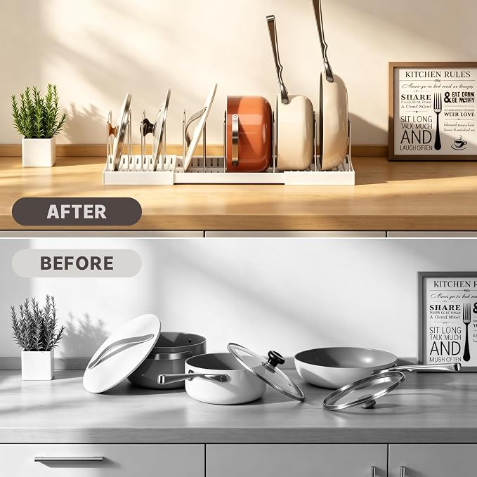 Magheo 2 Pack Pots and Pans Organizer Under Cabinet, Expandable 12.6"-22.8" Kitchen Cabinet Organizer Holder with 10 Adjustable Dividers for Food Storage Container Lid, Cookie Sheet, Cookware(White)