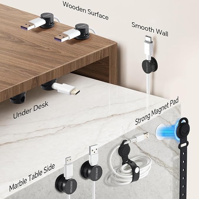 6 Desktop Cord Organizer Rotatable Spring 5 Magnetic Cable Clips Cord Holder for Nightstand Phone Charger Organizer Computer Desk Cable Management Electronics Appliance Adhesive Wire Strap Keeper Tie