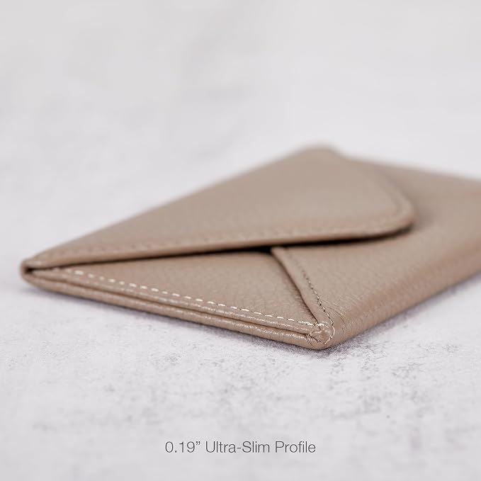 HISCOW Italian Pebbled Leather Business Card Holder, Minimalist Full Grain Envelope Card Case with Hidden Magnetic Closure, 0.19 Inch Slim Front Pocket Wallet for Men and Women, Taupe Grey