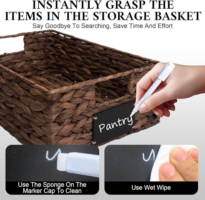 Set of 4 Sizes Hand-Woven Pantry Shelf Baskets, Hyacinth Storage Baskets with Chalkboard Labels & 2 Chalk Markers, Wicker Nestable Basket Set for Organizing Pantry Kitchen Laundry Shelves (Brown)