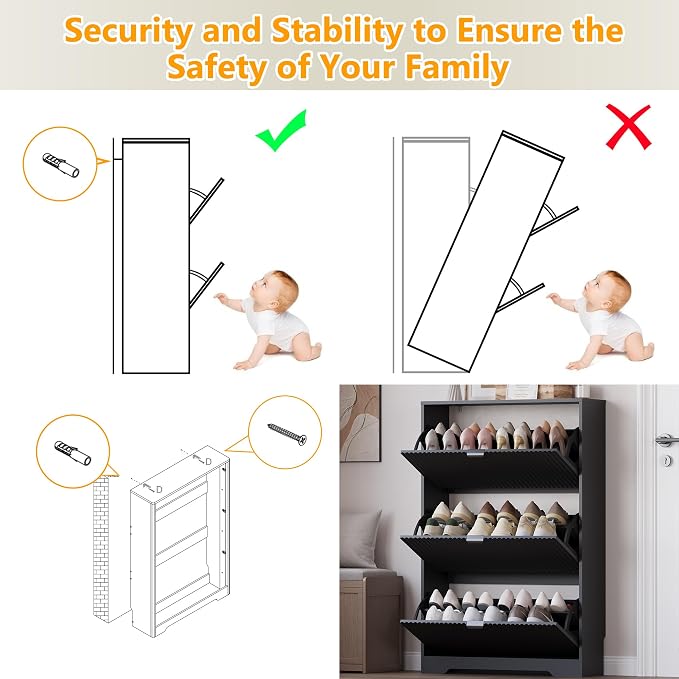 BORNOON Entryway Shoe Cabinet with 3 Flip Drawers, Narrow Shoe Organizer Cabinet with Fluted Panel and Adjustable Shelves for Foyer, Hallway