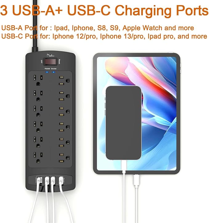 Surge Protector Power Strip, Nuetsa 12 Outlets and 4 USB Ports, 6 Feet Extension Cord for Home, Office, Dorm Essentials, 2700 Joules, ETL Listed, Black