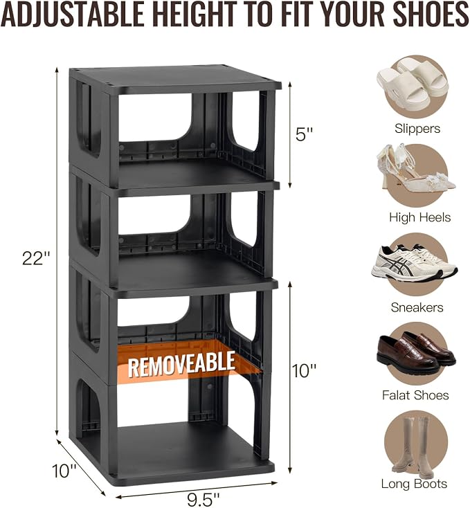 TRZZ 8-Tier Shoe Rack, Narrow Stackable Organizer, Black | Removable Partition, Vertical Efficient Shoe Storage, for Closet, Entryway, Small Spaces