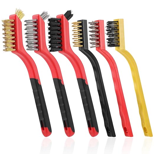 Wire Brush for Cleaning, Small Brass Steel Nylon Brush, Metal Rust Remover | 6 Pcs, Rust/Grease/Paint Removal on Metal/Wood/Grill, Curved Head for Tight Spots, with Hang Hole, Ergonomic Handle, 7 in