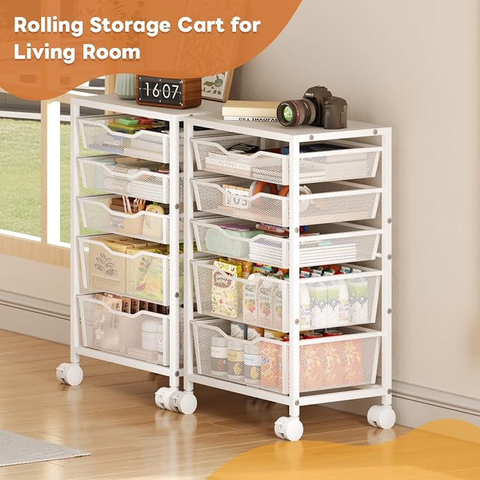 Hongtamoya Rolling Storage Cart with 5 Drawers, Metal Utility Cart with Lockable Wheels, Craft Storage Art Cart, Rolling Drawer Cart for Living Room, Bedroom, Bathroom, Office, Home, White