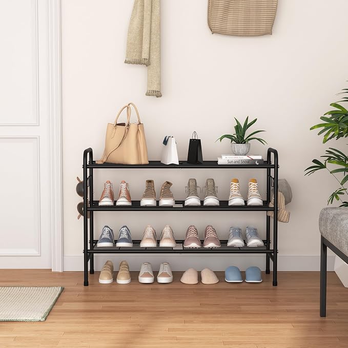 VILICK 3 Tier Shoe Rack 33" Wide Metal Shoe Organizer, Black | Long Shoe Storage, 4 Side Hooks, Sturdy Shoes Shelf, For Front Door Entrance, Closet, Garage, Dorm