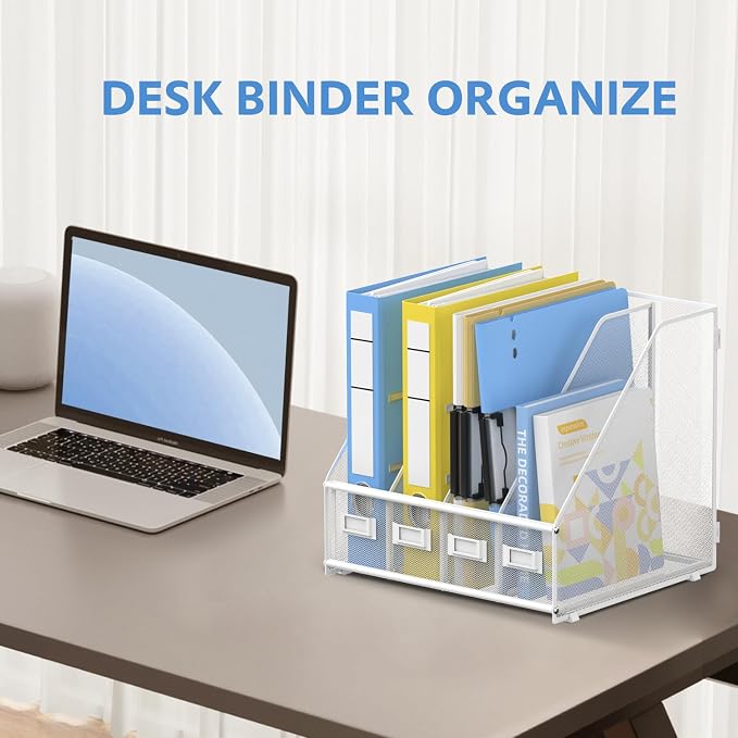 4 Vertical Compartments Magazine File Holder, Metal Binder Organizer, White | Space-Saving Desktop Storage, Built-In Label Holders, Anti-Slip Feet, Sized for Binders, Folders, Magazines and Files