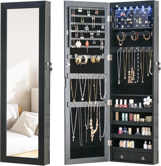 8 LED Lights Jewelry Armoire with Mirror - 47.3” H Mirror Jewelry Cabinet Door Hanging/Wall Mounted Mirror with Storage And 2 Drawers Black