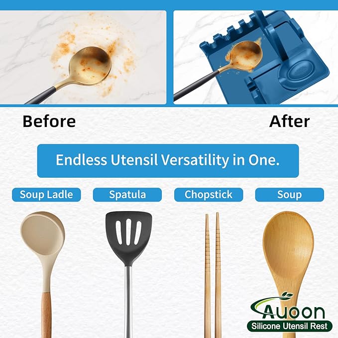 Auoon Silicone Spoon Rest with Lid Holder, 3-in-1 Kitchen Utensil Rest for Soup Ladles, Pot Lids, Spatulas, Spoons, Tongs, BPA Free & Dishwasher Safe, 8.26 x 8.06 Inch (Fog Blue, Large)