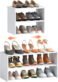 2-Tier Expandable White Shoe Rack Organizer for Closet, Stackable Shoe Rack Storage Shelf, Small Iron Wood Combination Shoe Shelves for Closets,Entryway,Front Door, Narrow Space,Hallway,6-12 Pairs