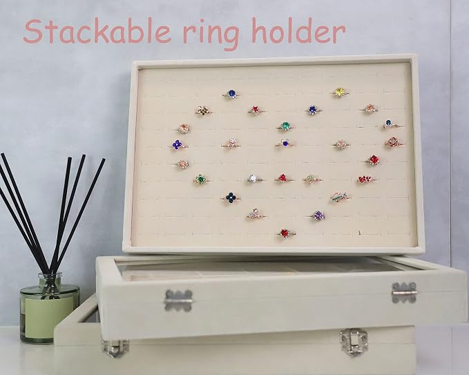 Stratelife 100 Slots Ring Organizer Tray, Stackable Jewelry Storage Display for Drawer, Velvet Jewelry Holder Case for Ring Earring Stud, 13.8" x 9.4" x 1.2", Beige