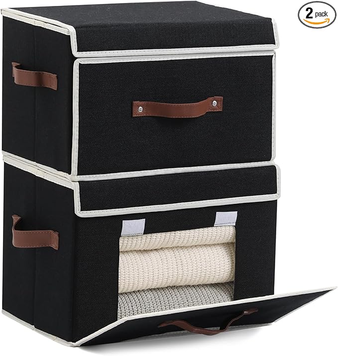 2PCS Storage Bins Box with Lids Front Opening Window Decorative Cotton Linen Fabric Basket PU Leather Handles PP Board Foldable Washable Shelf Closet Organizer Container (Black, Large)