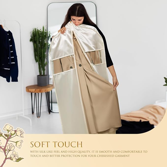 Univivi Super Soft Satin Garment Bags for Hanging Clothes, 43 Inch Zippered Suit Cover with Gussets, Breathable & Non-smell for Suits, Coats, Jackets, Shirts, 2 Pack - Apricot