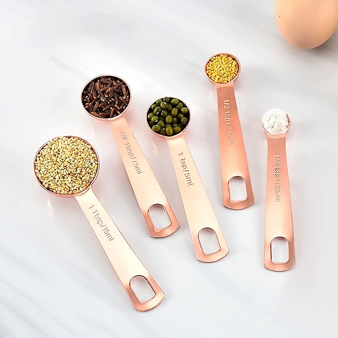 Measuring Cups and Spoons Set of 9, Utensils for Dry and Liquid Ingredients, Copper Kitchen Accessories, Rose Copper Decor for Home, Stackable, Sturdy Stainless Steel (GoldRose)