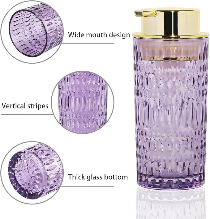 Foaming Soap Dispenser, Purple Glass Soap Dispenser, 14 Oz Refillable Foam Soap Dispenser Pump Bottle Container for Bathroom Kitchen Countertop Decor