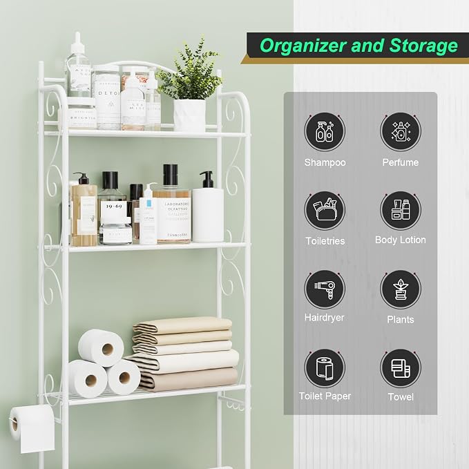 HOME BI Over The Toilet Storage Shelf, 3-Tier Over Toilet Bathroom Organizer Rack, Freestanding Space Saver Toilet Stands with Hooks (White)