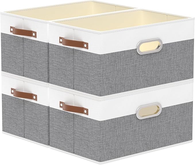 Yawinhe Collapsible Fabric Storage Bins,15.0x9.8x8.3in,White/Grey,4-Pack | Foldable Storage Baskets for Shelves, Closet Boxes for Organization, Washable Closet Organizer for Towels, Canvas Bins