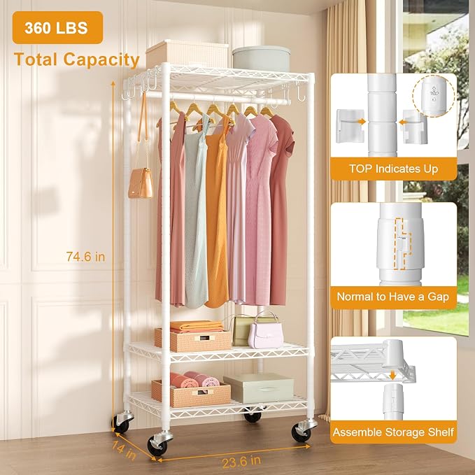 FUTASSI Rolling Clothes Rack, Clothing Racks for Hanging Clothes, White | P6 Mini Heavy Duty Garment Rack with Wheels, Freestanding Portable Closet Rack with Shelves, 23.6 In Wide, Max Load 360 LBS