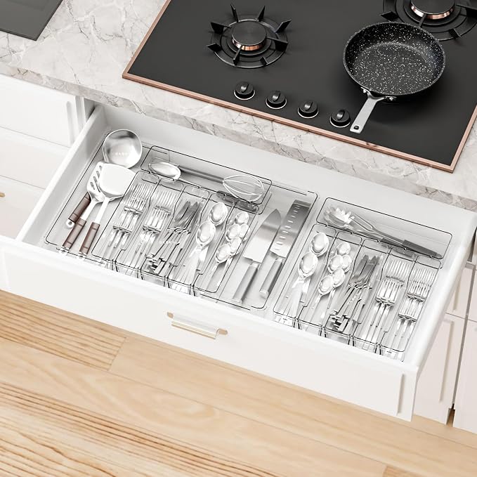 Yieach Clear Expandable Silverware Drawer Organizer - Adjust From 11'' to 22'' - Knife,Cutlery,Spoons and Forks Organizer,Large 8 Grid Flatware,Silverware Tray,Utensil Organizer for Kitchen Drawers