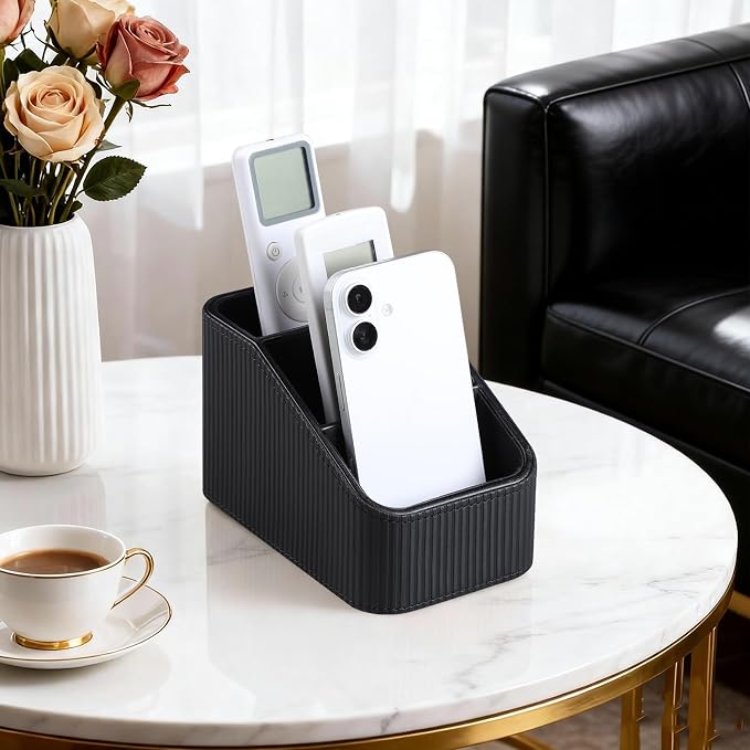 Remote Control Holder, PU Leather Nightstand Organizer, Black | 3-compartment Remote Bedside Caddy, Soft Velvet Lining, Small Desk Organizer for Remote/Pen/Glasses/Phone
