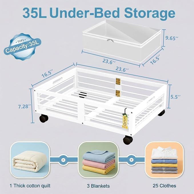 2 Pack Bamboo Under Bed Storage Drawers with Wheels Clothes Toy Organizer | Rollable underbed storage, 360° wheels, free 90L dust bag, 160lbs load, stackable organizer