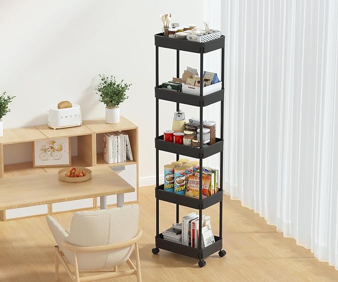 Sooyee 5-Tier Plastic Rolling Utility Cart with Wheels, Multi-Functional Storage Trolley for Office, Living Room, Kitchen, Movable Storage Organizer, Black