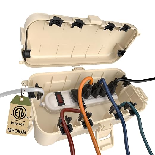 Flemoon Medium Outdoor Waterproof Electrical Box, for Power Strip | 11.5x5.2x4inch, IP54 Extension Cord Cover w/6 Cable Entry Ports, Weatherproof Connection Box for Timer, Holiday Light, Almond