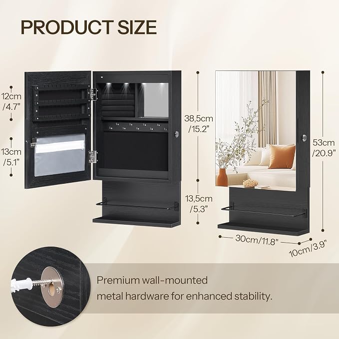 HOOBRO Wall Mounted Jewelry Cabinet, LED Jewelry Armoire with Interior Mirror, Hanging Jewelry Organizer for Wall, Lockable Jewelry Storage Cabinet, 3.9 x 11.8 x 20.9 Inches, Black