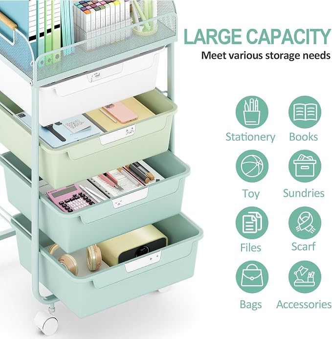 SYKIARIOL 4-Drawer Rolling Storage Cart with Mesh Top, Utility Craft Organizer Cart on Wheels with DIY Labels, Rolling Drawer Cart for Home Office Classroom Bedroom, Green