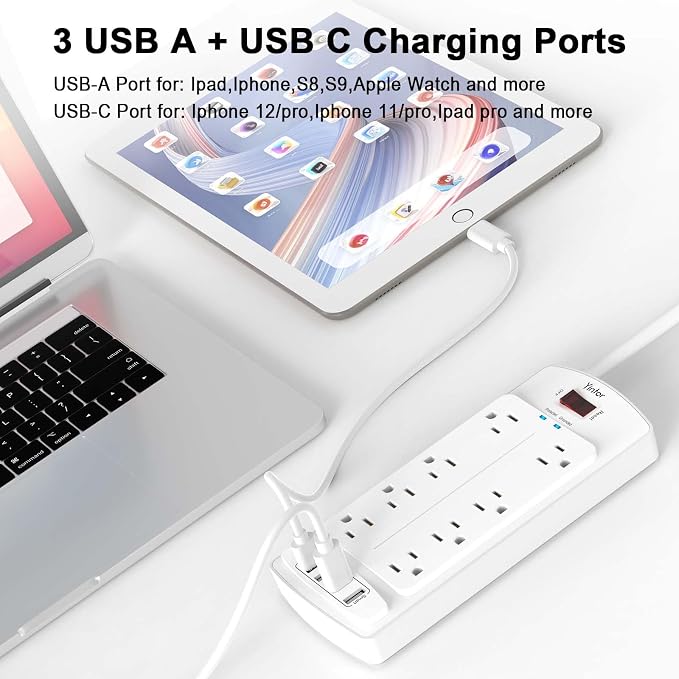 Surge Protector Power Strip, Yintar 6 Feet Flat Plug Extension Cord with 8 AC Outlets and 4 USB Ports, 2700 Joules, ETL Listed, White